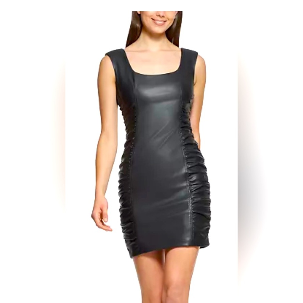 Black Side-Ruched Faux-Leather Sheath Dress